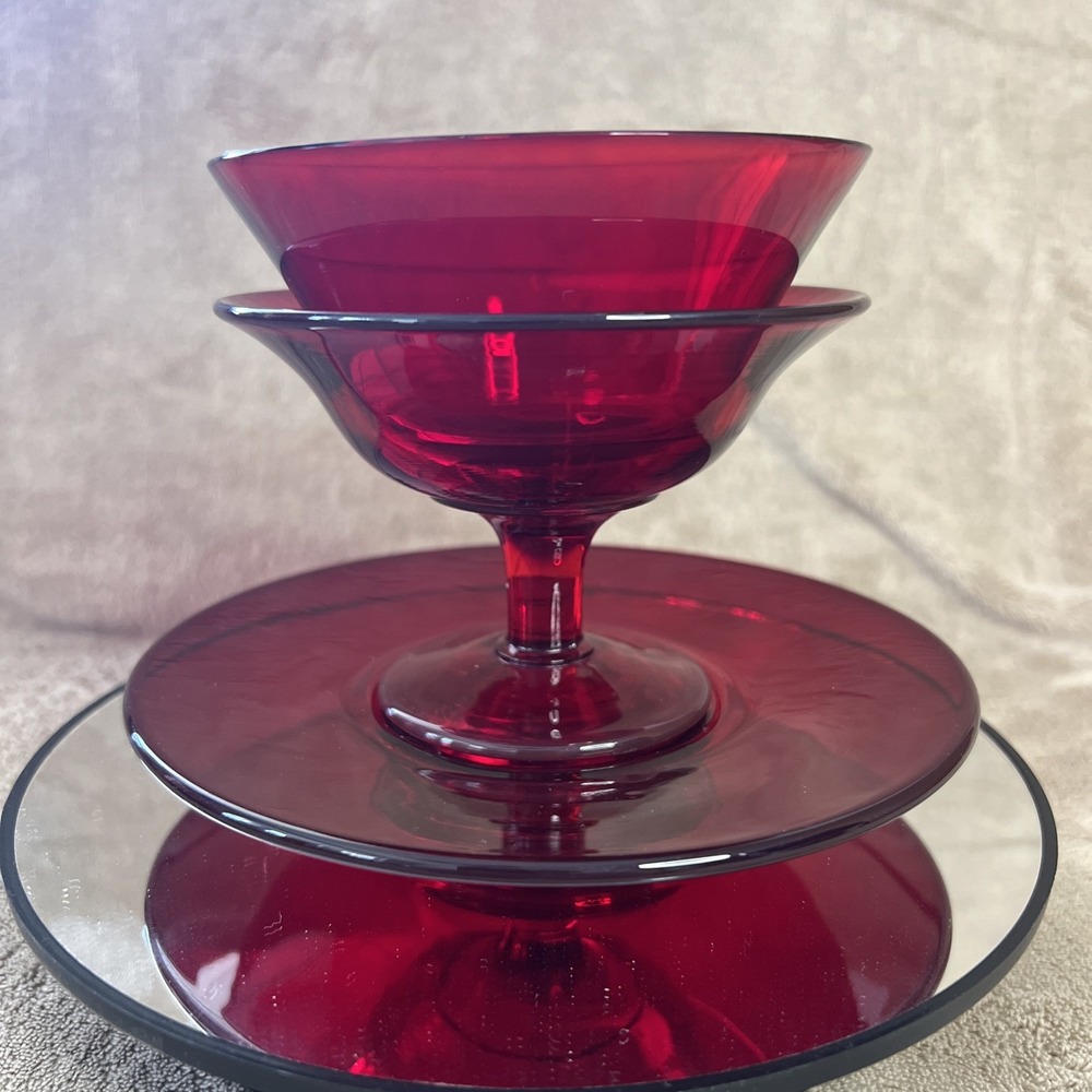 Vintage 3 Pc Ruby Red Glass Desert Set, Saucer, Sherbet/Compote and Berry‎ Bowl